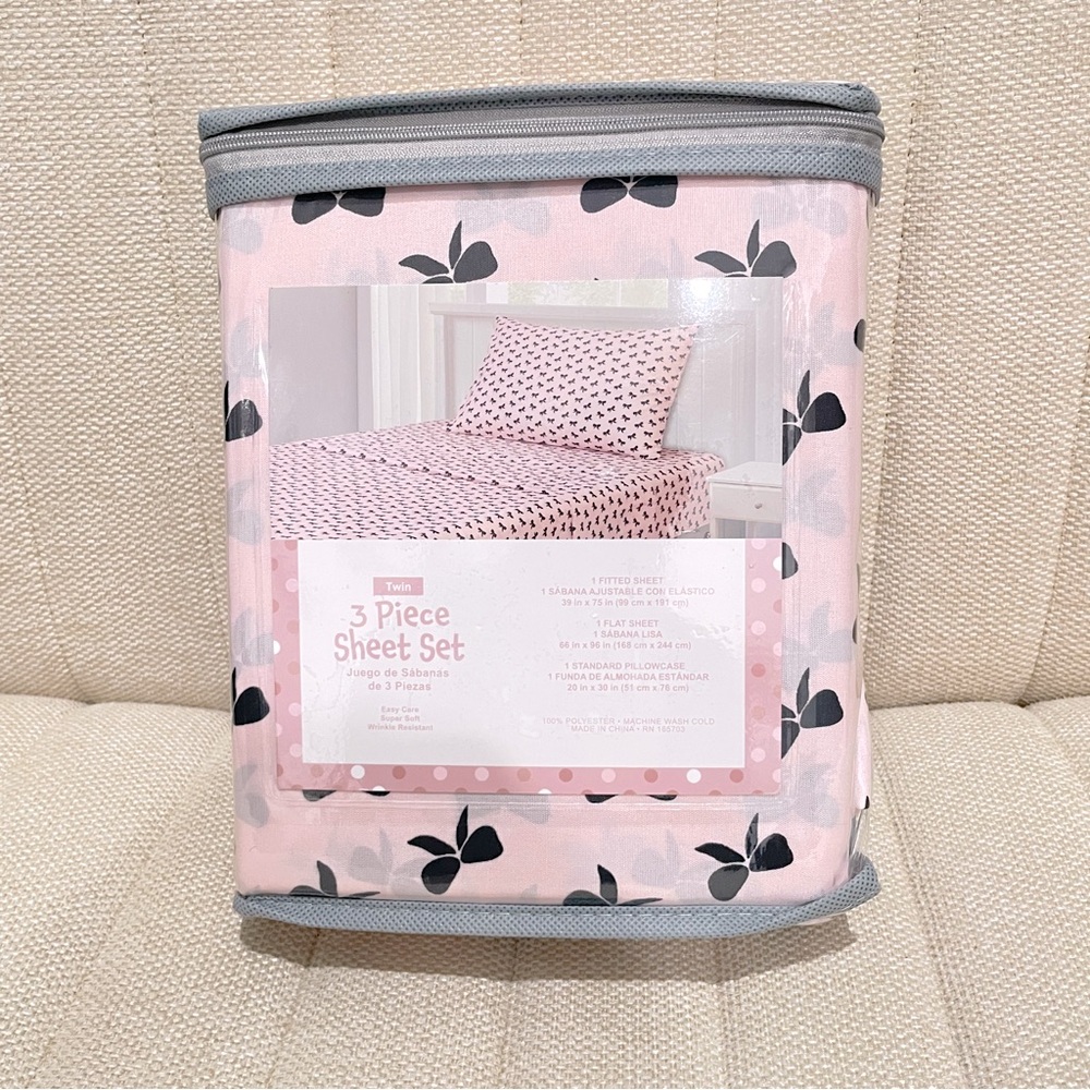 NEW Twin 3 Piece Sheet Set Pink Black Bow Print Soft Wrinkle‎ Resistant
